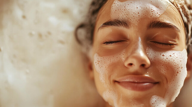 Bliskie ujęcie osoby z uśmiechem i zamkniętymi oczami, relaksującej się w pianowej kąpieli. Jej promienna cera i spokojny wyraz twarzy podkreślają elementy pielęgnacji sk&oacute;ry.