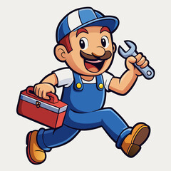 Cheerful Cartoon Plumber with Wrench and Toolbox in Vibrant, Detailed Design