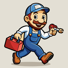 Cheerful Cartoon Plumber with Wrench and Toolbox in Vibrant, Detailed Design