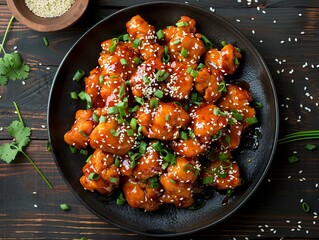 Sesame Chicken. The most popular Chinese dishes. Breaded and deep-fried chicken pieces coated in a sweet sauce and sprinkled with sesame seeds.