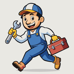 Cheerful Cartoon Plumber with Wrench and Toolbox in Vibrant, Detailed Design