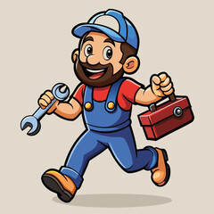 Cheerful Cartoon Plumber with Wrench and Toolbox in Vibrant, Detailed Design