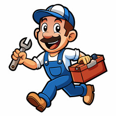 Cheerful Cartoon Plumber with Wrench and Toolbox in Vibrant, Detailed Design