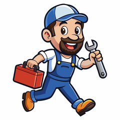 Cheerful Cartoon Plumber with Wrench and Toolbox in Vibrant, Detailed Design