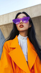 portrait of fashionable model in a bold orange coat and purple sunglasses exudes confidence and modern style with sleek elegance and vibrant colors in a contemporary urban setting