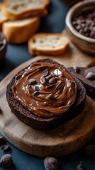 A high-resolution photo of chocolate cream spread on a slice of bread, set against a kitchen background.