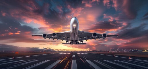 plane taking off from a runway at sunset. The sky is a beautiful shade of orange and pink, and there are clouds in the distance. Generated AI