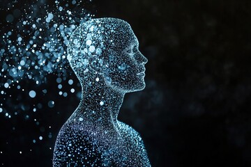 Digital human head made of particles on blue background