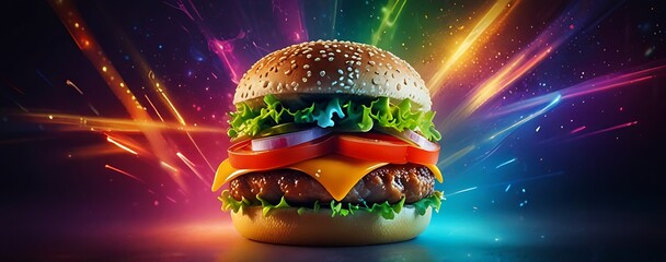 burger with glowing light background.  food business flyer, banner or template