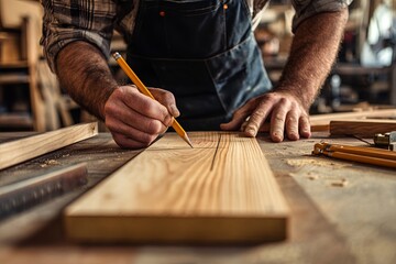 Close-up detailed image of a carpenter carefully aligning wooden planks with a ruler and pencil, the wood grain and markings in sharp focus, surrounded by woodworking tools in a softly lit workshop