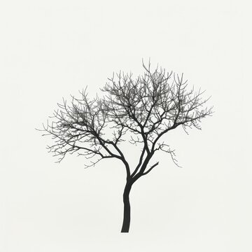 A bare tree stands alone against a white background, its branches reaching upwards like skeletal fingers.