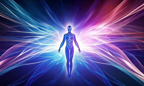 Glowing human silhouette with colorful energy aura representing spiritual awakening