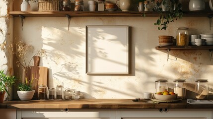 A blank frame hangs on a wall in a kitchen, sunlight streaming through a window casts shadows on the wall.