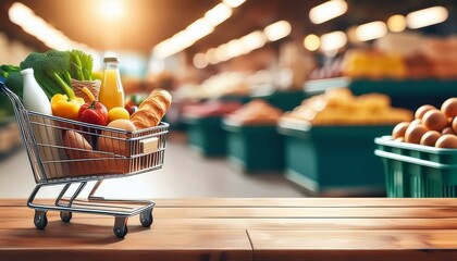 Food and groceries in shopping cart on wooden table with blurred market in the background,banner with copy space.