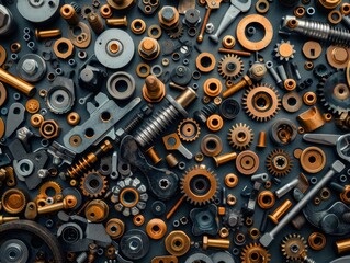 A chaotic arrangement of various metal parts, including screws, nuts, gears, and washers, creates a textured, industrial backdrop.