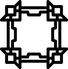Abstract icon of a square frame with spikes pointing outwards, representing protection, security and defense