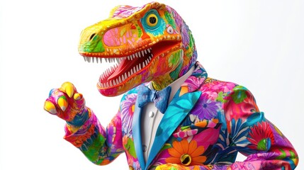 A colorful dinosaur in a suit and tie