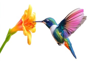 Obraz premium Bee Hummingbird Sucking Nectar from Flower, on White Background, Realistic Photo, Standard Background, Wallpaper, Cover and Screen of Smartphone, Cell Phone, Computer, Laptop, 9:16 and 16:9 Format