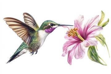 Bee Hummingbird Sucking Nectar from Flower, on White Background, Realistic Photo, Standard Background, Wallpaper, Cover and Screen of Smartphone, Cell Phone, Computer, Laptop, 9:16 and 16:9 Format