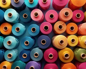 Colorful spools of thread arranged in a vibrant pattern showcasing various hues