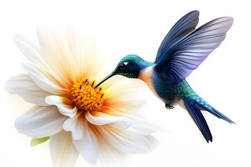 Obraz premium Bee Hummingbird Sucking Nectar from Flower, on White Background, Realistic Photo, Standard Background, Wallpaper, Cover and Screen of Smartphone, Cell Phone, Computer, Laptop, 9:16 and 16:9 Format