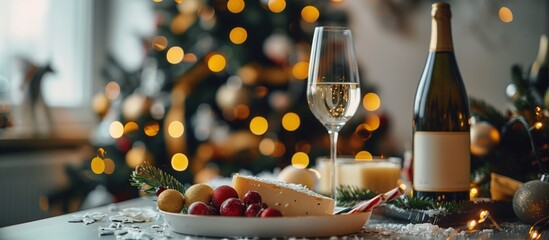 Festive holiday table with champagne, cheese, grapes, and Christmas lights creating a cozy setting