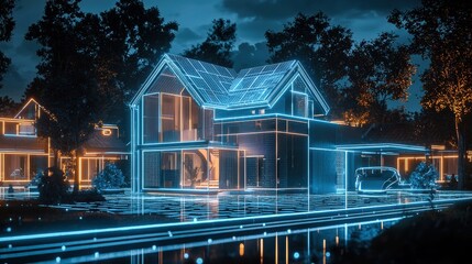 Obraz premium A futuristic residential area with AI-integrated smart materials. Houses shift and adapt to weather conditions, featuring solar-powered walls and transparent, glowing surfaces.