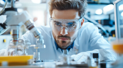 Scientist in a lab coat and safety goggles concentrates on a delicate experiment, operating advanced equipment in a high-tech laboratory
