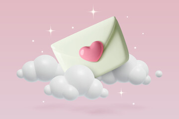 Closed mail letter with heart flying in the sky with clouds. Valentine's Day romantic 3d realistic illustration, background or banner concept. 
