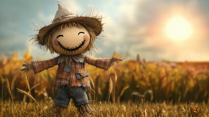 Eine l&auml;chelnde Vogelscheuche in Jeans, Strohhut und kariertem Hemd steht in einem Feld bei Sonnenuntergang mit Platz f&uuml;r Text, Konzept f&uuml;r Halloween und Ertendankfest