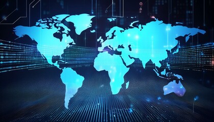 Futuristic Binary Coding and Data Processing Over Illuminated World Map Background