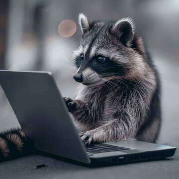 Mapache trabajando en un dispositivo movil como computadora o tablet