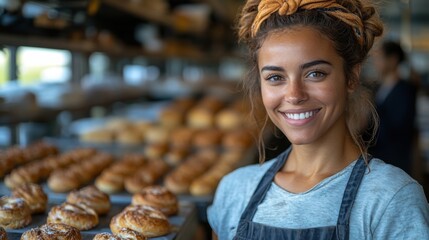 Female bakery owner managing production in busy bakery with freshly baked goods on display