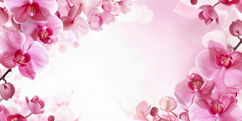 Pink orchids with a white background with a frame that says orchids.
