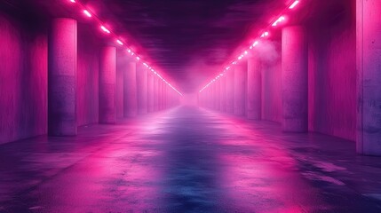 This is a retro-futuristic sci-fi hangar garage scene with neon lights, neon lasers, a glowing...