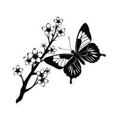 A butterfly flies on a cherry flower silhouette vector illustration 
