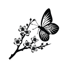 A butterfly flies on a cherry flower silhouette vector illustration 