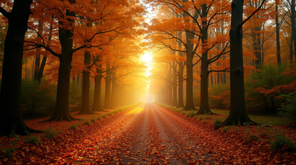 Obraz premium A path in the woods with leaves and the sun shining, dramatic autumn landscape.