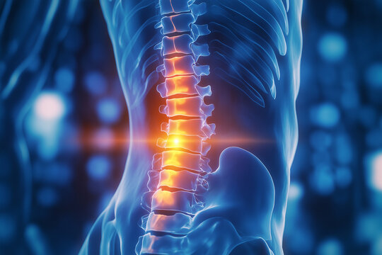 An x-ray of the human body with a highlighted back pain area, on a blue background