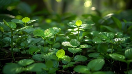 Naklejka premium A lush green scene depicting young plants with droplets of water in a forest setting.