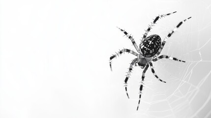 Obraz premium Black and White Spider Web A closeup perspective of a spider with black and white markings sitting in its web The spider is in the right frame leaving a lot of white space