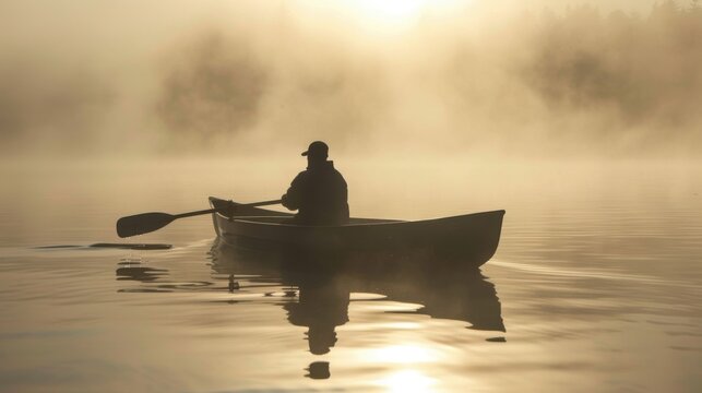 Fisherman in a boat on the lake in the morning fog