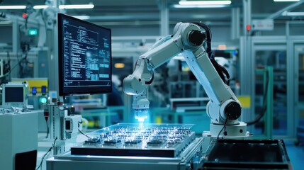 A robotic arm uses AI to assemble products with precision on a high-tech factory floor. Digital readouts of efficiency metrics and progress reports are visible in the background.