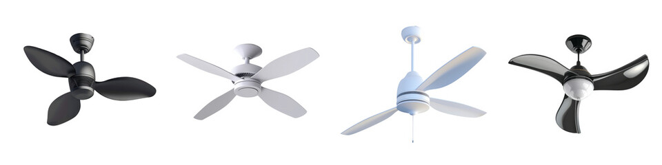 Obraz premium A collection of four distinct ceiling fan designs showcasing different styles and colors for modern interiors.
