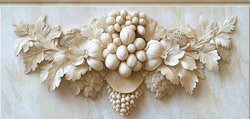 Creamy Floral Relief Intricate plasterwork of leaves flowers and grapes on a textured beige background