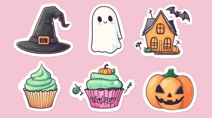 Fototapeta premium Cute Halloween Stickers A Witchs Hat Ghost Haunted House Cupcakes and JackoLantern on a Pink Background