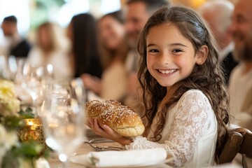Smiling brown hair girl holding challah bread at a Rosh Hashanah dinner, side view, guests seated behind her. Copy space. Concept Rosh Hashanah, religion, traditions, festive dinner, Jewish New Year