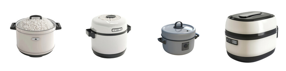 A collection of modern rice cookers showcasing various designs and sizes for diverse culinary needs.