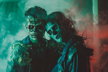Fototapeta premium Couple dressed as Frankenstein's Monsters for Halloween with spooky homemade costumes, masks, and makeup, perfect for parties and treats