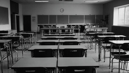 This is a classroom with many tables and chairs